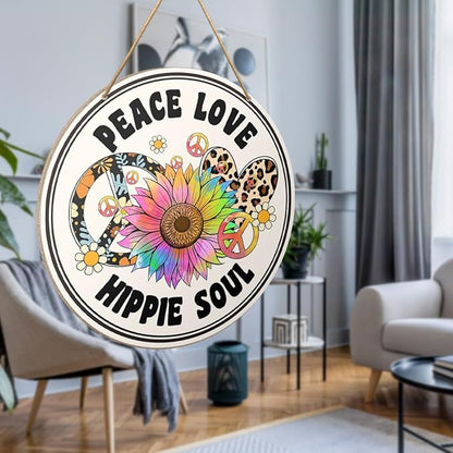 Hippie Peace Sign Wall Decor, Hippie Peace Sign for Front Door Home Living Room Bedroom, Peace and Love Sign, Boho Hippie Peace Round Wood Hanging Signs Decorations, Hipple Soul Sign