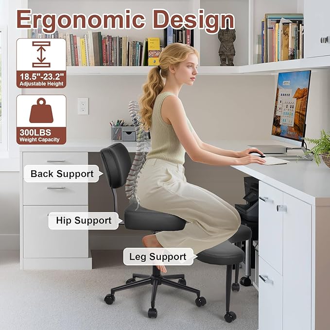 Meditation Chair, Cross Legged ADHD Office Chair for Adults with Wheels Ergonomic Back Support and Leg Rest for Multi Position Criss Cross Sitting Kneeling and Yoga Height Adjustable, Leather Style
