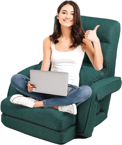 FLOGUOR 14-Position Adjustable Floor Chair, Chaise Lounge Indoor, Folding Lazy Sofa with Armrests and a Pillow Padded Adults Gaming Chairs for Living Room, Bedroom Factory Price, 8803XM (Green)