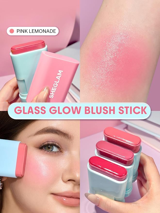 SHEGLAM Glass Glow Blush Stick Cream for Cheek and Lip, Waterproof Hydrating Tinted Solid Moisturizer Blendable Natural Grow Nude Face Blush Makeup-Pink Lemonade