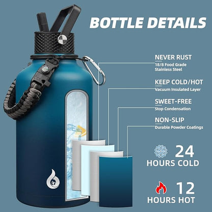 BJPKPK Half Gallon Insulated Water Bottles with 3 Lids and Paracord Handle, 50oz, 64oz, 87oz, 128oz Large, Stainless Steel Water Bottles with Straw Lid, Half Gallon Water Jug,Vast