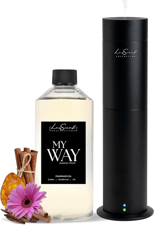 Aroma Scent Diffuser Starter Kit for Up to 1000SQ. FT. Coverage - 500ML Waterless Essential Oil Scent Included - Luxury Aroma Diffuser Ideal for Home, Office & Hotel (Black, My Way)