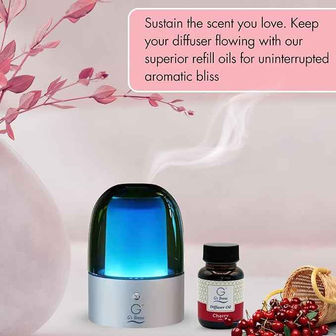 G's Breeze Smart Aroma Diffuser with 60ml Cherry Scent Refill – Bluetooth & Wi-Fi App Control - LED Lighting & Adjustable Intensity -Long-Lasting Sweet Fruity Fragrance for Home or Office