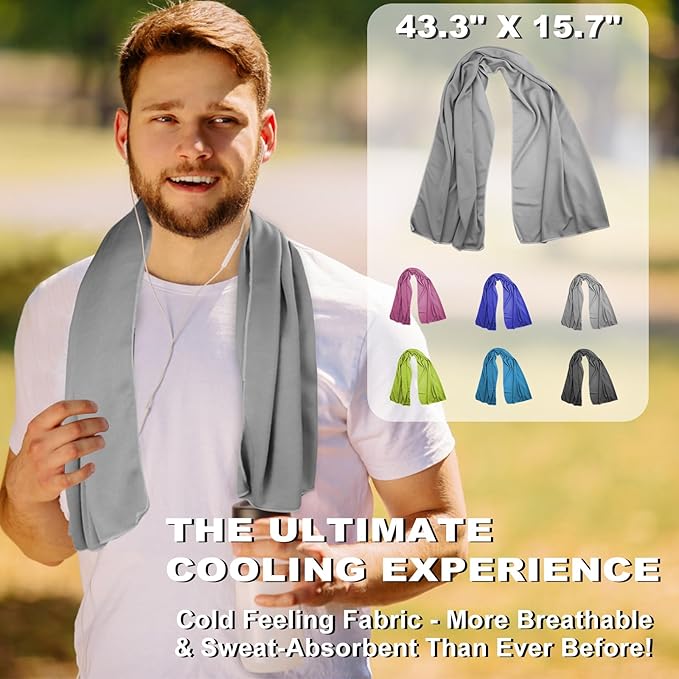 Cooling Towel for Neck and Face - 43.3" x 15.7" - Quick-Dry Microfiber - Ideal for Hot Weather, Gym, Fitness, Camping, Yoga - Light-Gray