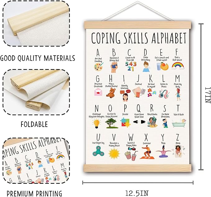DNEULYR Coping Skills Alphabet Mental Health Wall Art Poster, Alphabet Posters for Classroom Wall, ABC Learning Poster Wall Decor for Nursery Kids Room Playroom Preschool, 12x16 Inches