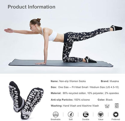 Muezna Non Slip Yoga Socks for Women, Anti-Skid Pilates, Barre, Hospital Socks with Grips, Size 5-10