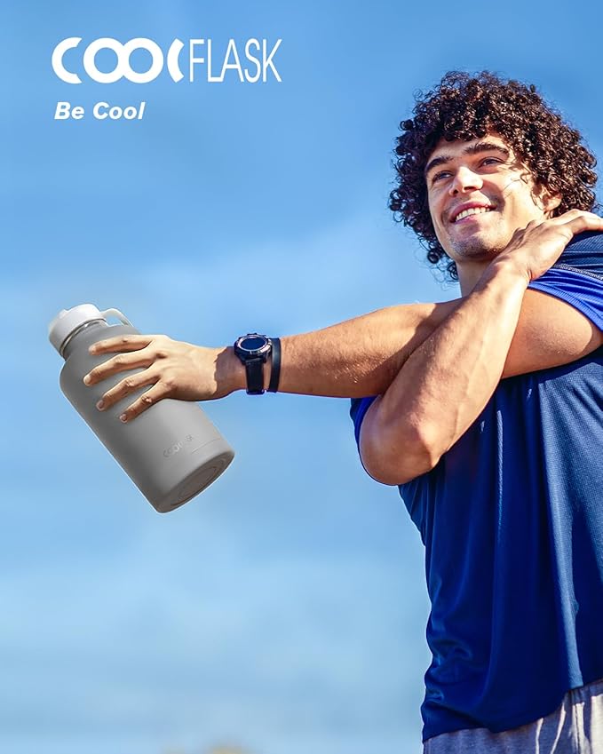 Half Gallon Water Bottle Insulated with Straw & 3 Lids, Coolflask 64 oz Water Jug Large Metal Stainless Steel Wide Mouth for Sports, Gym or Office, Non-BPA Keep Cold 48H Hot 24H, Dark Grey