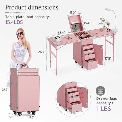 Icoget Portable Nail Table Desk, Foldable Rolling Manicure Table with Wheel, Makeup Train Case for Nail Teach, 2 Desktop Cosmetic Trolley Case, Pink