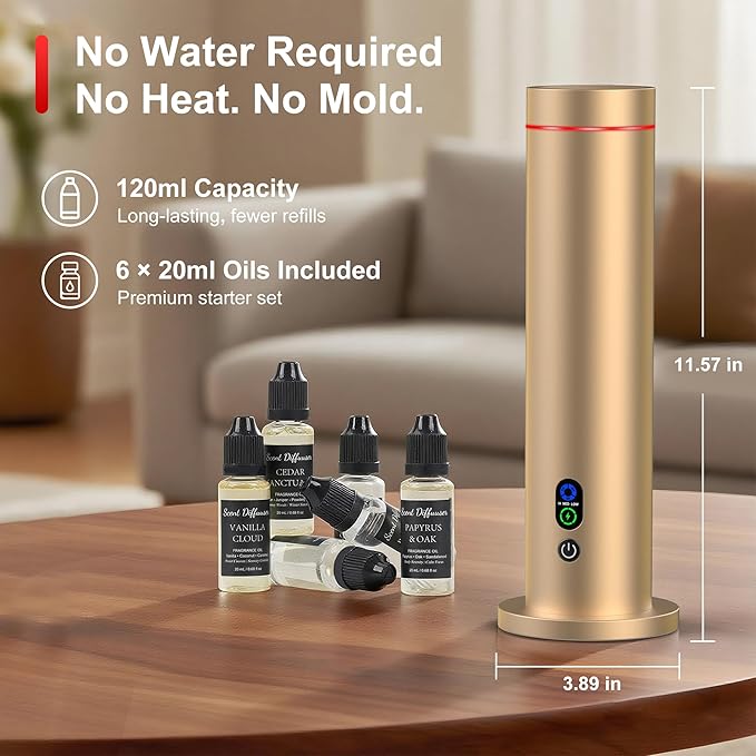 Waterless Diffuser, 1000 Sq.Ft Coverage, Essential Oil Diffuser with Tilt-Safe, Remote Control, Adjustable Mist Mode, Mood Lights Aromatherapy Diffuser for Home, Large Room, Office, Hotel, Gold