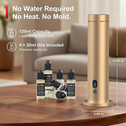 Waterless Diffuser, 1000 Sq.Ft Coverage, Essential Oil Diffuser with Tilt-Safe, Remote Control, Adjustable Mist Mode, Mood Lights Aromatherapy Diffuser for Home, Large Room, Office, Hotel, Gold