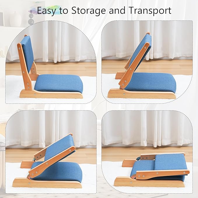 Japanese Floor Chair with Back Support, Foldable Meditation Chair, Legless Tatami Chair with Cushion, Floor Seat for Living Room, Bedroom, Bay Window (2, Blue)