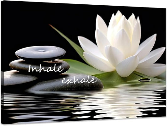 Zen Wall Art Inhale Exhale Canvas Prints Lotus Bloom in Water with Spa Stone Pictures for Zen Office Wall Decor Modern Spiritual Framed Artwork Poster (24 x 36inches)