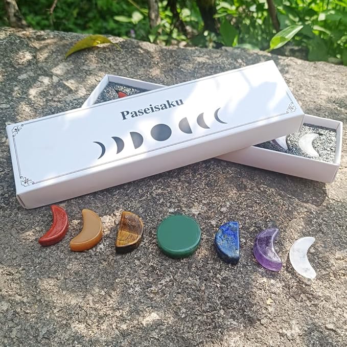 7 Chakra Stones Set Moon Phase Carved - Natural Gemstone Reiki Healing Crystal Quartz for Meditation, Healing, Collectable