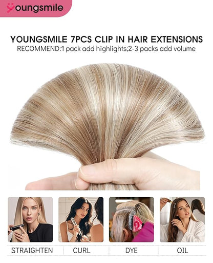 Youngsmile Blonde Clip in Human Hair Extensions 20 inch Ash Brown with Platinum Blonde Real Hair Extensions Clip ins 7pcs 160g Soft Silk,Thick End, Easy To Install for Full Head (7C#8P60-20Inch)