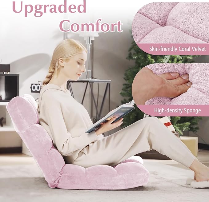 RELAX4LIFE Floor Chair with Back Support - 14-Position Adjustable Lazy Sofa Chair, Padded Sleeper Bed & Couch Recliner for Reading, Meditation, Gaming, Adults (Light Pink)