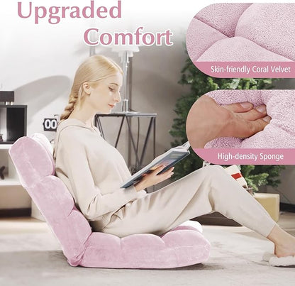 RELAX4LIFE Floor Chair with Back Support - 14-Position Adjustable Lazy Sofa Chair, Padded Sleeper Bed & Couch Recliner for Reading, Meditation, Gaming, Adults (Light Pink)