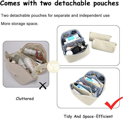 BOYATU Travel Makeup Bag Organizer Cosmetic Bag: 3 Pcs Set Make up Bags for Women with Handle - Waterproof Vegan Leather Toiletry Bags Travel Essentials Pouch with Compartments (C-04-Beige)
