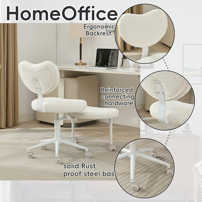 Meditation Chair with Wheels, Ergonomic Criss Cross Chair, Adjustable ADHD Floor Sitting Chair, Swivel Cross Legged Office Chair with High Back, Kneeling Posture Chair, Teddy Fabric,Ivory
