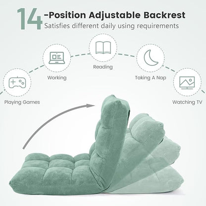 Moccha 14-Position Floor Sofa, Folding Sofa Chair with Back Support, Memory Foam Floor Gaming Chairs for Adults, Adjustable Padded Couch Recliner, Chaise Lounge for Reading, Meditating (Green)