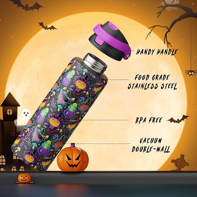 Halloween Gothic Water Bottle with Straw, Stainless Steel Insulated Water Bottle,Leak Proof, One-Touch Flip Lid, BPA Free, Holiday Gifts For Women Men, 32oz, Meowgic Night