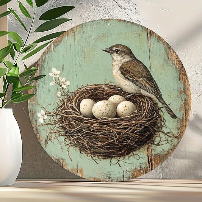 1pc Vintage Bird and Egg in Nest Round Aluminum Sign, 8x8 Inch Farmhouse Wall Decor with Pre-Drilled Holes, Durable Garden Yard Art for Home,Halloween & Christmas Gifts, Outside Decor