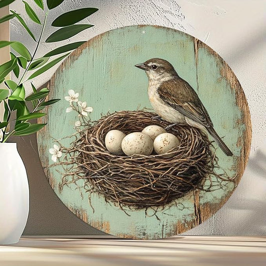 1pc Vintage Bird and Egg in Nest Round Aluminum Sign, 8x8 Inch Farmhouse Wall Decor with Pre-Drilled Holes, Durable Garden Yard Art for Home,Halloween & Christmas Gifts, Outside Decor