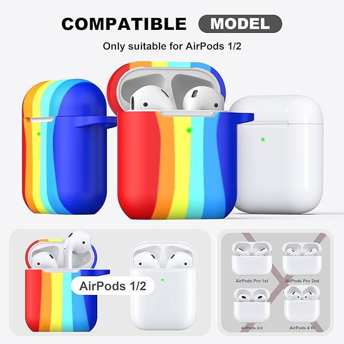 R-fun Compatible with AirPods Case Cover, Soft Silicone Protective Cover with Keychain for Women Men Compatible with Apple AirPods 2nd 1st Generation Charging Case, Front LED Visible,Rainbow