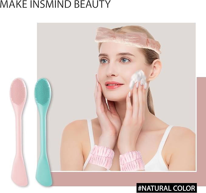 Facial Cleansing Brush, 2 in 1 Silicone Face Mask Brush & Face Scrubber, Face Wash Headband and Wristband Set，5 Pieces (Green&Pink+Pink)