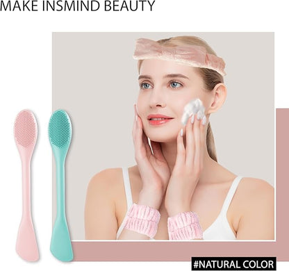 Facial Cleansing Brush, 2 in 1 Silicone Face Mask Brush & Face Scrubber, Face Wash Headband and Wristband Set，5 Pieces (Green&Pink+Pink)