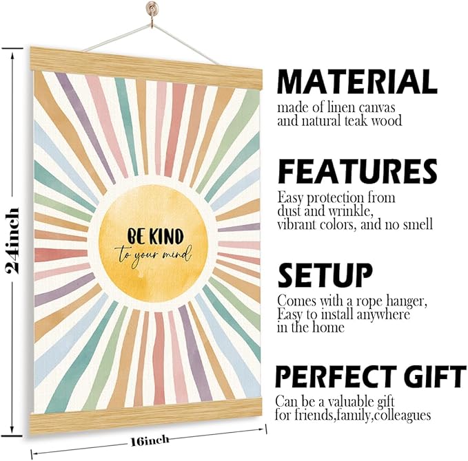 YGSDZY Be Kind To Your Mind Sign, Mental Health Poster, Wood Poster Hanger, Sun Playroom Posters, Therapy Office Decor, Boho Sun Decor, School Psychologist Signs, Classroom Decoration