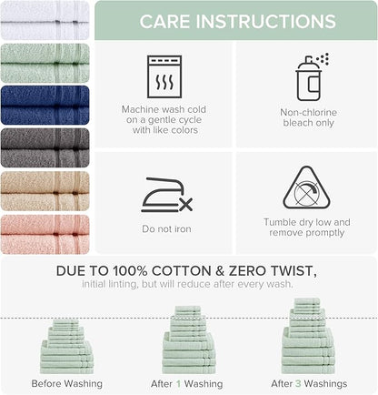 Comfort Spaces Luxury Bath Towel Set of 12 - 4 Large, 4 Hand, 4 Washcloths, 100% Cotton Quick Dry, Zero Twist, Soft Lightweight, Seafoam Green