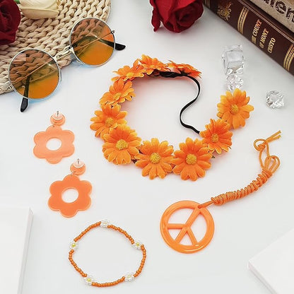 Hippie Costume Accessories Set Peace Sign Necklace Sunglasses Flower Headband Earrings for 60s 70s Outfit Party Women