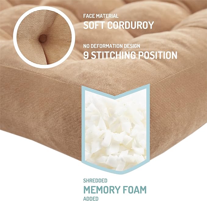 Meditation Floor Pillow, Square Large Pillows Seating for Adults, Tufted Corduroy Floor Cushion for Living Room Tatami, Coffee Brown 22x22 Inch, 1 Count (Pack of 1)