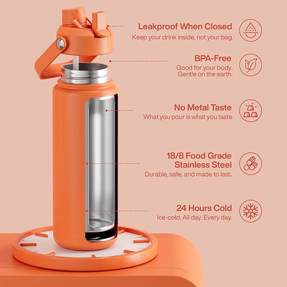 Insulated Water Bottle with Straw Stainless Steel Water Bottle, Leak-Proof, BPA-Free, Double Wall Vacuum Keeps Cold for 24 Hours for Sports, Travel, School (32 oz, Moderate Orange)