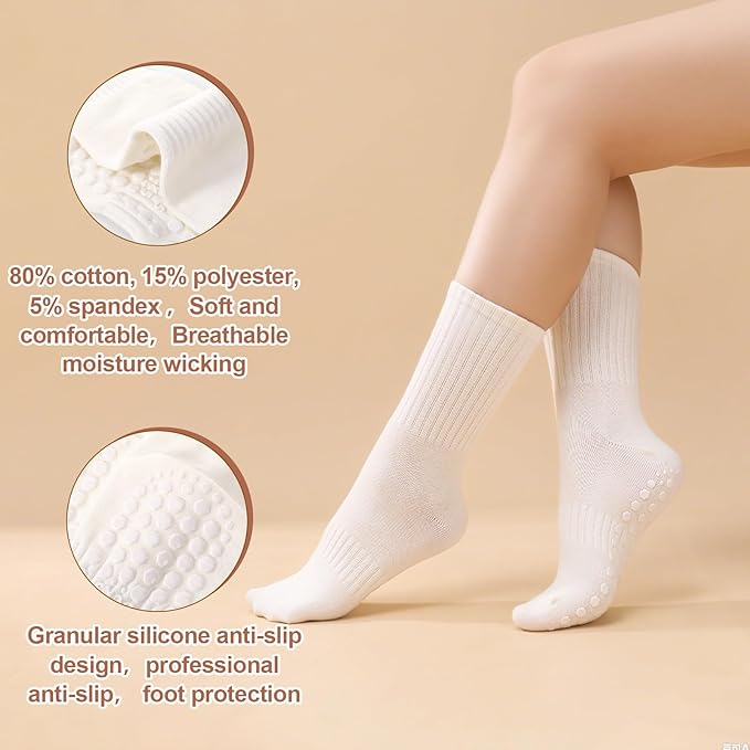 Jspupifip 4 Pairs Pilates Socks with Grips for Women Cotton Athletic Crew Socks for Barre Hospital Workout