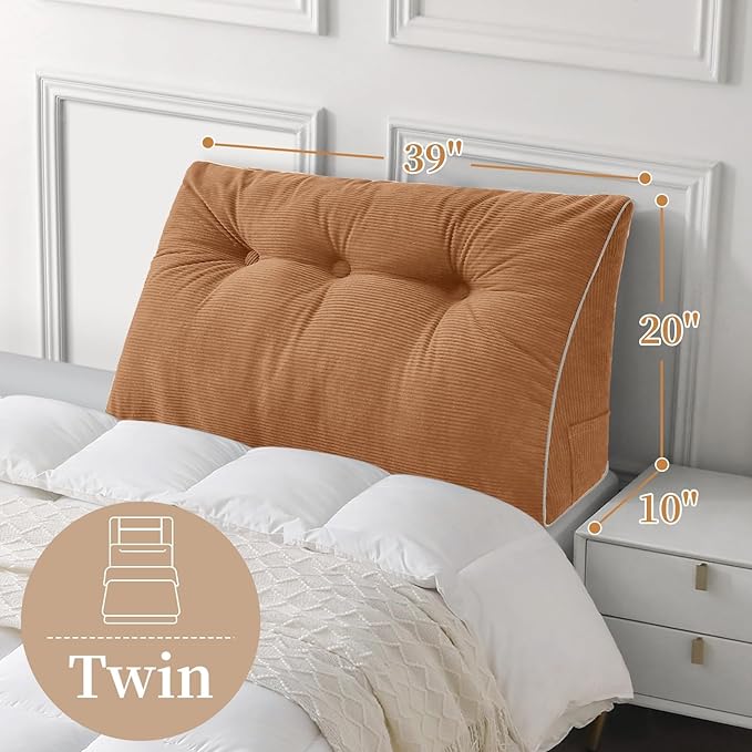 Sasttie Headboard Pillow Twin/Twin XL, Wedge Pillow Headboard for Dorm, Triangular Daybed Backrest Cushion for Sitting or Reading in Bed, with Removable Washable Cover, Caramel