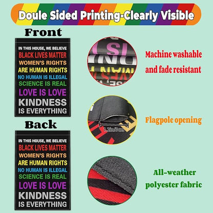 Pride Garden Flag 12x18 Inch In This House We Believe Garden Flag Science Is Real Black Lives Matter Yard Sign Flag 3ply Fabric Double Sided Printing for Outdoor House Yard Outside Garden Decor
