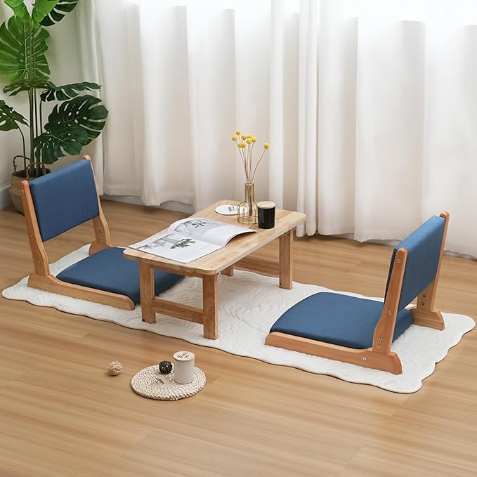 Japanese Floor Chair with Back Support, Foldable Meditation Chair, Legless Tatami Chair with Cushion, Floor Seat for Living Room, Bedroom, Bay Window (2, Blue)