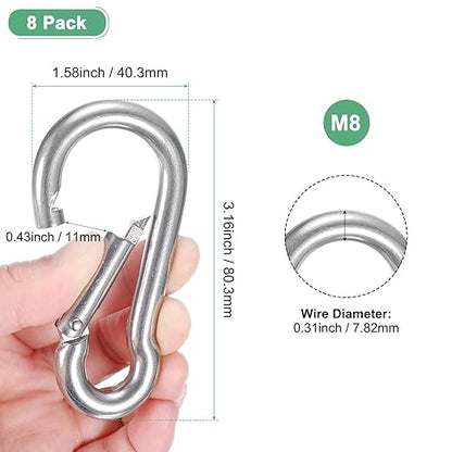 8-Pack Spring Snap Hooks, M8 304 Stainless Steel 3.16 Inch Quick Link Snap Hooks for Keychain Clip/Hammock/Hiking, D Ring Shape Trigger Buckle Clips