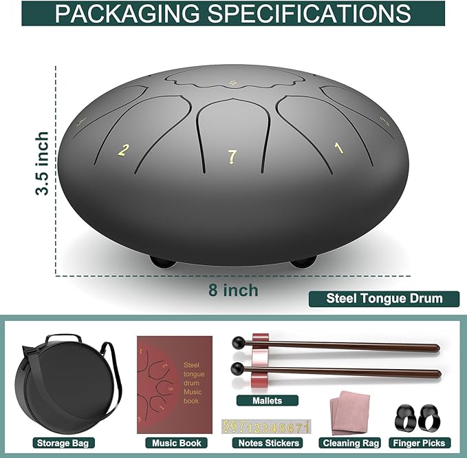 Rain Drum for Outside Garden, 8 Inches 11 Notes Steel Tongue Chakra Drum, Waterproof Meditation Rain Chime, Musical Instruments for Adult Gift with Bag, Music Book, Mallets (Black)