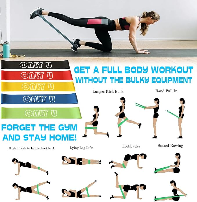 Only U Resistance Bands Set - Exercise, Fitness, Yoga & Pilates Bands Kit for Home Gym Workout for All Levels of Fitness, Set of 5 Bands with Different Resistance, Carry Bag