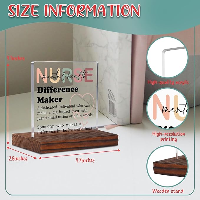 YODOCAMP Mental Health Nurse Desk Sign, Clear Acrylic & Wood, 4.7 x 2.7 x 4.3 Inches, Office/Clinical Settings, Inspirational