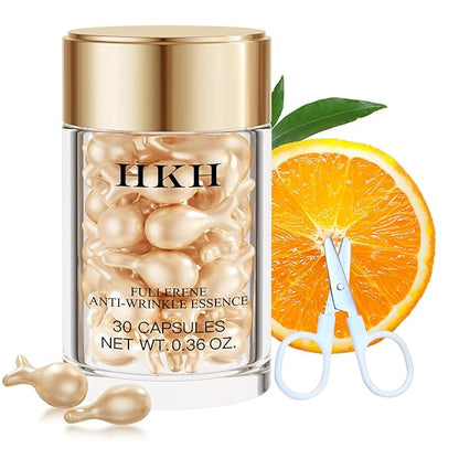 HKH Vitamin C Serum For Face Anti-Wrinkle 30 Capsules With Scissors,Vitamin C Anti-Wrinkle &Vitamin A Retinol Collagen Anti-Aging Night Serum For Women,Smoothing,Hydrating,Firming Skin,Travel Portable