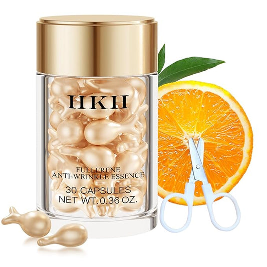 HKH Vitamin C Serum For Face Anti-Wrinkle 30 Capsules With Scissors,Vitamin C Anti-Wrinkle &Vitamin A Retinol Collagen Anti-Aging Night Serum For Women,Smoothing,Hydrating,Firming Skin,Travel Portable
