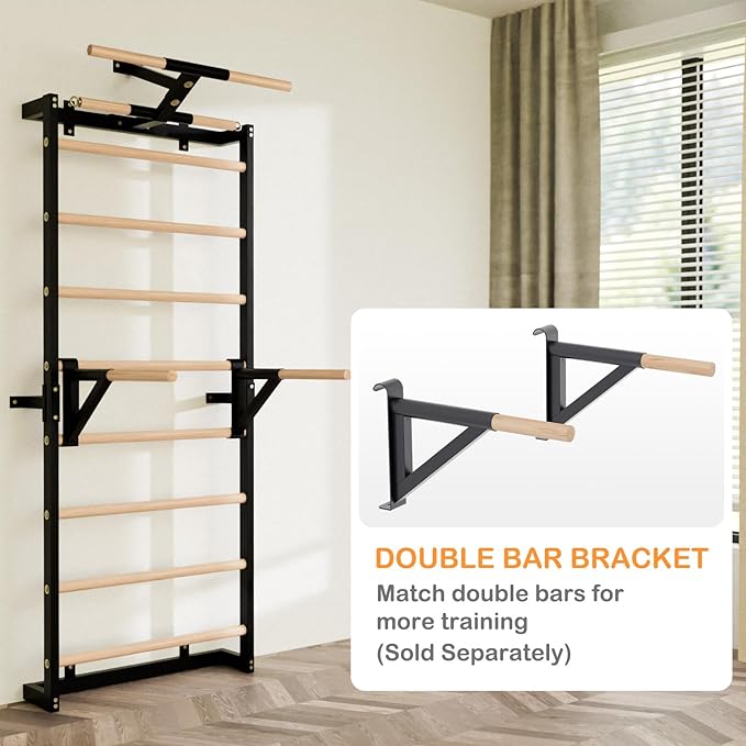 Swedish Ladder, Wood Stall Bars Suspension Trainer with Pull-Up Bar & Rings for Straps, Swedish ladders Wall Gym Adult, Wall-Mounted Workout Ladder for Home, Gym, School