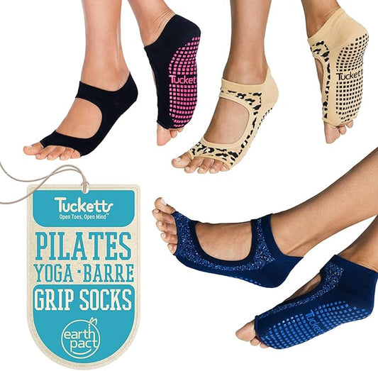 Tucketts Toeless Pilates Socks with Grips for Women, Non-Slip Yoga & Barre Socks for Stability & Barefoot Workouts, Size 6-13