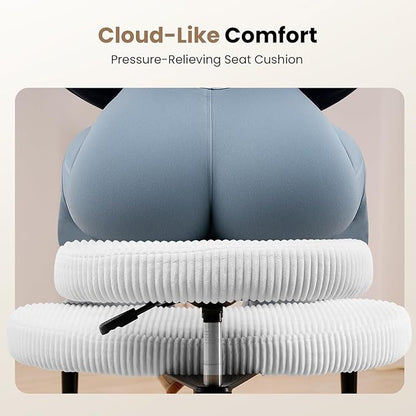 Ergonomic Cross Legged Chair, Wide Vanity Chair with Wheels, Meditation Chair for ADHD, Comfortable Adjustable Swivel Computer Office Desk Chairs for Home, Make Up, Bed Room, Corduroy Fabric, White