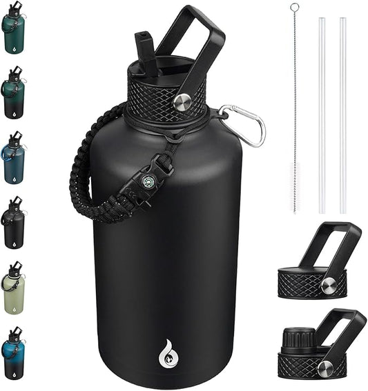 BJPKPK 2/3 Gallon Water Bottle with Straw Lid, 50oz, 64oz, 87oz, 128oz Large, Stainless Steel Water Bottles with 3 Lids and Paracord Handle, Double Wall Vacuum Metal Jug, Black