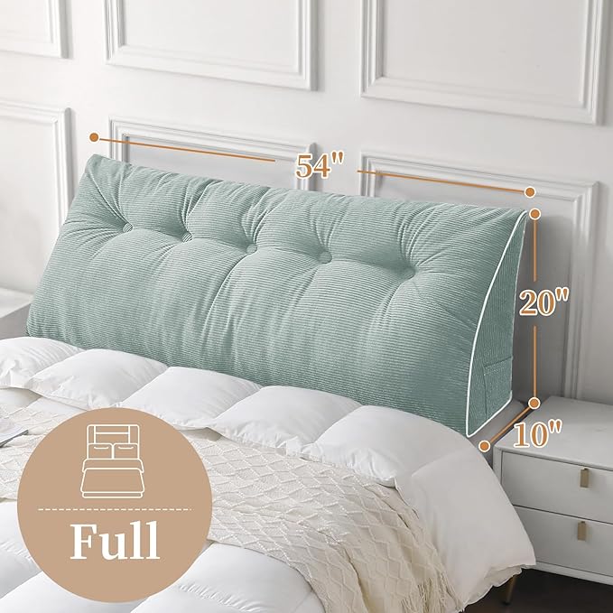 Sasttie Headboard Pillow Full, Wedge Pillow Headboard for Sitting Up in Bed, Back-Rest Support Triangular Cushion for Reading - Features Removable Washable Cover, Mint Green