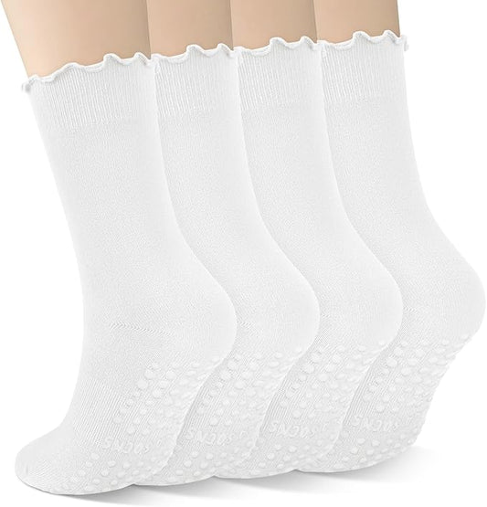 4 Pairs Pilates Socks with Grips for Women Yoga Ruffle Cute Grip Socks Pilates Non Slip Crew Ballet Hospital Workout